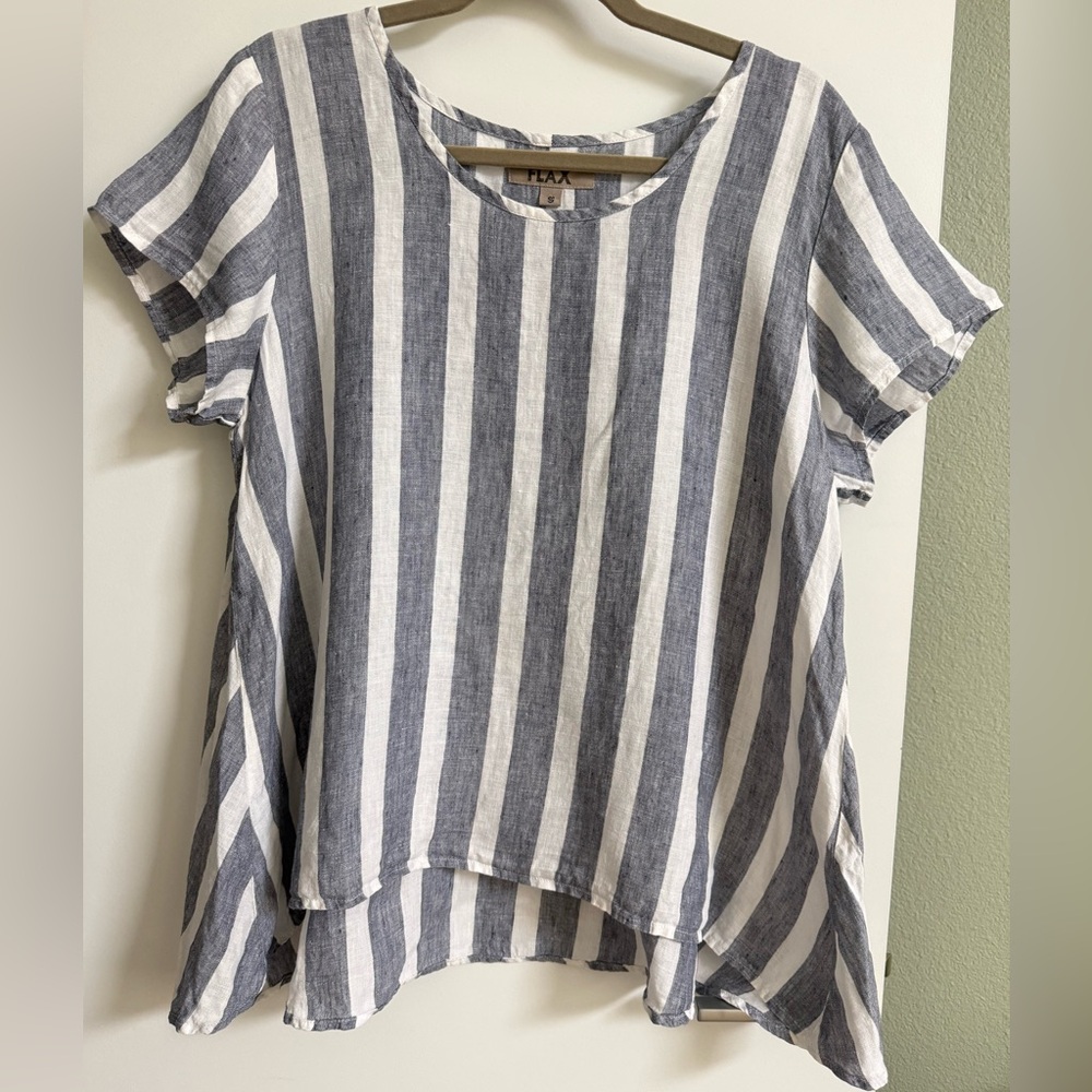 FLAX Striped Linen Blouse Blue & White Small
